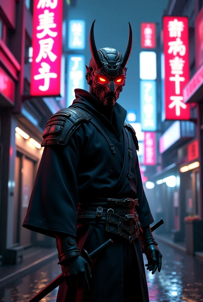 Ultra-realistic cinematic digital painting of a mysterious man standing in a narrow, neon-lit alley in futuristic Tokyo at night. He wears an intricate, high-tech mask inspired by traditional Japanese oni (demon) masks, featuring sharp edges, glowing red eyes, engraved metallic textures, and subtle mechanical parts. The mask blends ancient samurai aesthetics with advanced cyberpunk tech — black, silver, and crimson tones with glowing circuit-like patterns.

The man’s outfit is a fusion of a traditional black kimono with modern tactical armor — armored shoulder pads, utility belts, and subtle LED accents. His stance is calm but powerful, with one hand resting on the hilt of a futuristic katana sheathed at his side. Soft rain falls around him, creating glossy reflections on the ground. Neon signs in Japanese kanji glow around him in pink, blue, and white hues, casting dramatic light across his face and outfit. The background includes cyberpunk-style architecture, steam rising from vents, and holographic billboards flickering in the distance.

Ultra-detailed, perfect facial proportions and anatomy, cinematic lighting with deep shadows and bright highlights, moody atmosphere, 4K resolution, photorealistic rendering, sharp focus, flawless textures, no distortions, no blurring, no glitches.