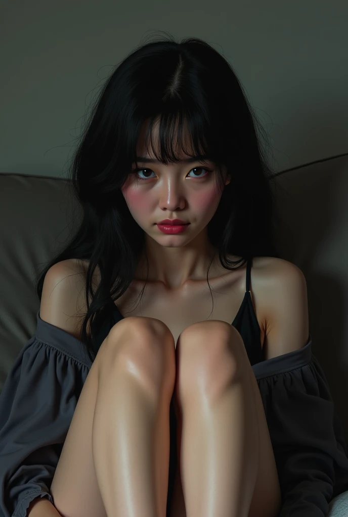 ((Artwork, 8K, style by Silent HIll)), 1 woman of Japanese ethnicity, she is 28 years old, seductive look, black hair tied up, lips with reddish lipstick, small nose, delicate eyes, makeup on her face, black long-sleeved shirt, wearing beige shorts, purple sneakers.