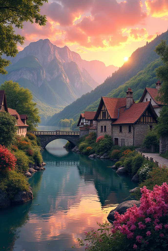 a small village by the river, mountains in the background, floral flowers colorful, detailed landscape, Beautiful natural landscapes, atmospheric lighting, scorching sunset, warm colours, practical, photopractical, Detailed Foliage, complex buildings, cobblestone street, Charming country house, swirly vibrant colors, lush vegetation, Still water reflections, Picturesque, idyllic, work of art, best qualityer, 8k, extremely detaild,anime styling