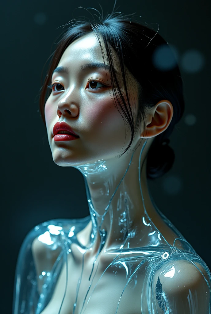 realistic portrait, subject is an south east Asian woman that seems to be trapped in a body made out of glass and polished metal, dark background, subtle lighting. foggy, light reflections through the prism —stylize 250 —v 6