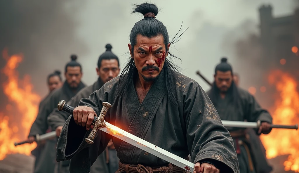 A fierce Chinese warrior stands boldly at the center foreground, gripping a glowing silver sword with both hands in a dynamic combat stance. His face is intense and powerful, now covered in realistic, fresh battle wounds—bloody cuts across his cheek and brow, with dried blood streaking down his jawline. His piercing eyes radiate fury and unstoppable strength. His dark warrior robe flows slightly with the wind, showing signs of dust and battle. Behind him, slightly blurred to create depth, four other Chinese warriors mirror his stance—each in similar traditional combat attire, gripping weapons and prepared for battle. Flames rage in the background, casting a warm orange glow on the scene. The sky is grey and smoky, filled with ash and embers swirling through the air. The background architecture hints at an ancient fortress under siege. The image is high-intensity, cinematic, and bursting with heroic energy, designed to captivate instantly.