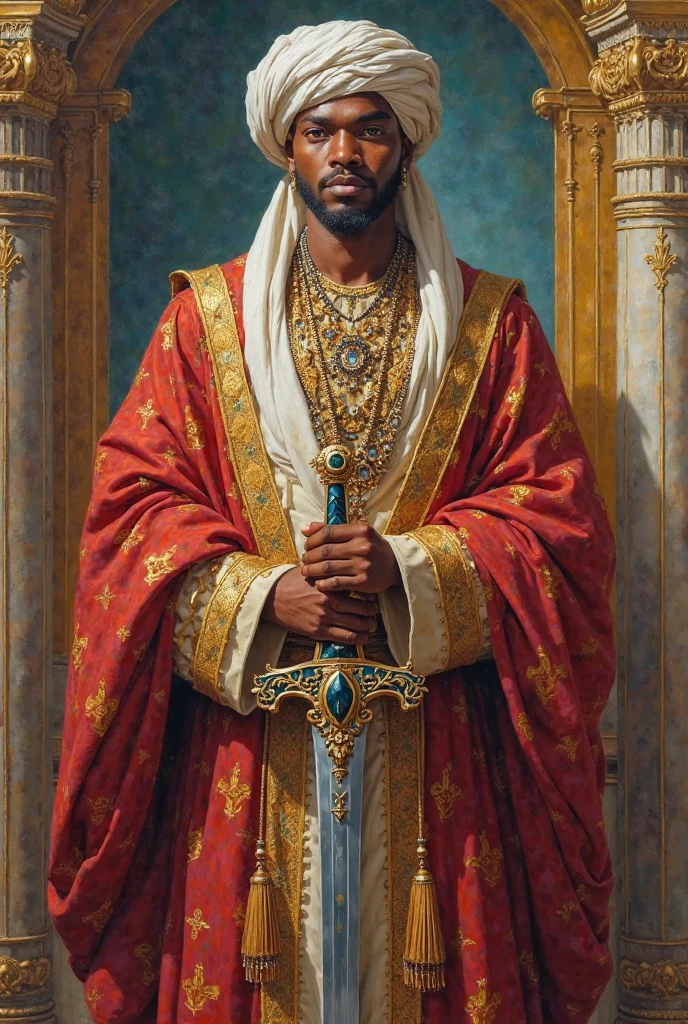 It was painted by an oil painting of a Muslim Sultan wearing a Mauritanian male costume and holding an Arabic sword at the age of 20