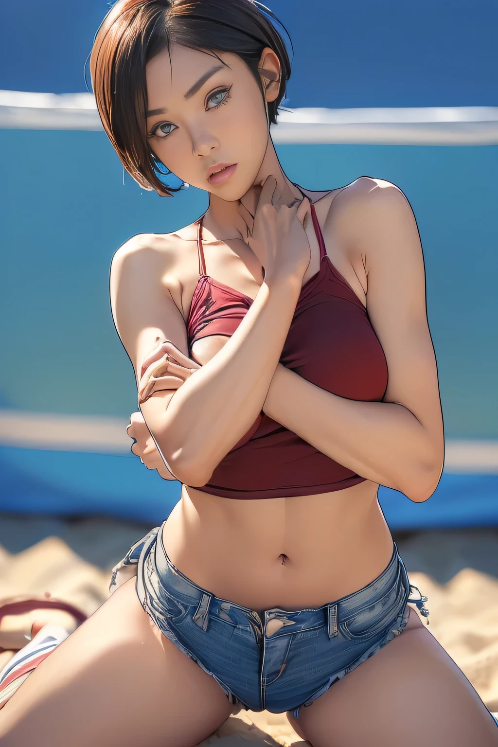 tmasterpiece, best qualtiy, ultra - detailed, absurderes, Portrait Beautiful Android 18db, solo, 耳Nipple Ring, (The bikini:1.5),Underdressing,jewely, (Off-the-shoulder clothing:1.5),cleavage, upper body closeup,ssmile, Thongs, vests, cloud, Skysky, daysies, outside of house,Denim super shorts,best qualtiy, tmasterpiece, intricate detailes, tonemapping, Sharp Focus, ultra - detailed, Altstati is a trend,