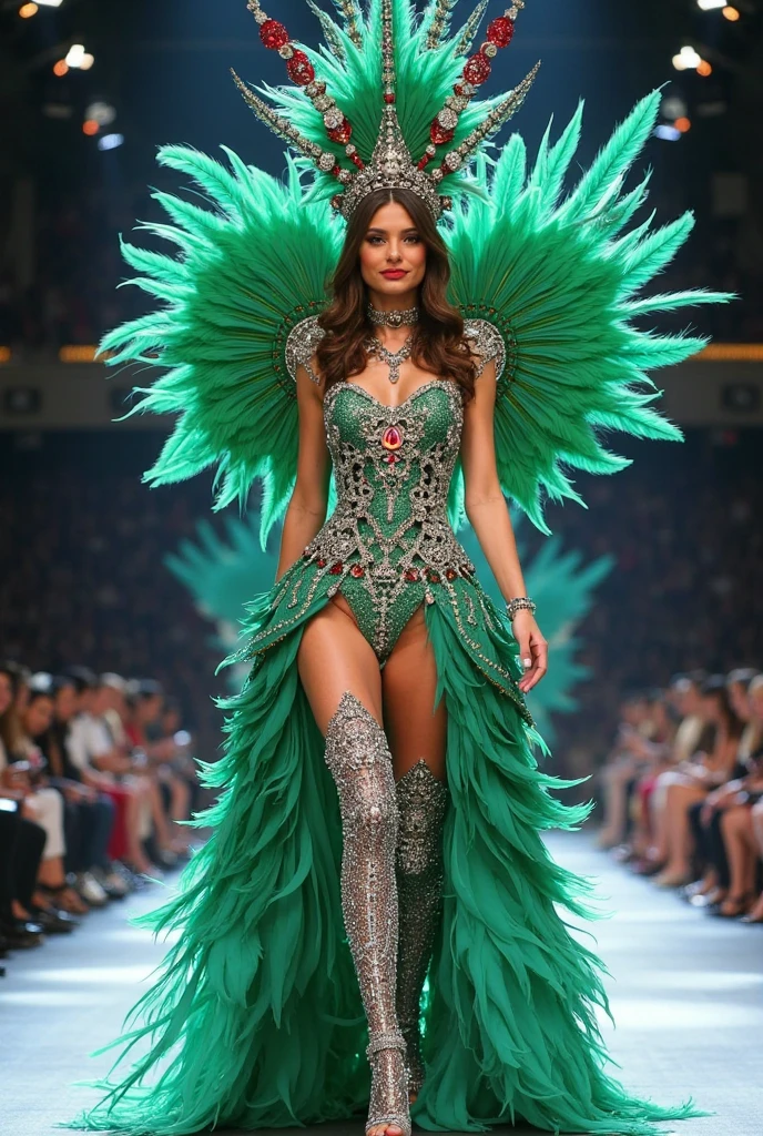 (cuerpo completo), hembra alienigena musculada culturista, bellisima, en bikini plateado con incrustaciones de piedras preciosas de colores, en plena exibicion de miss universo culturista, in the facilities of my universe with an ultra-modern designed stage, intricate details of the highest quality machine), nitidez absoluta, iluminacion perfecta, estilo cinematografico,(obra maestra).