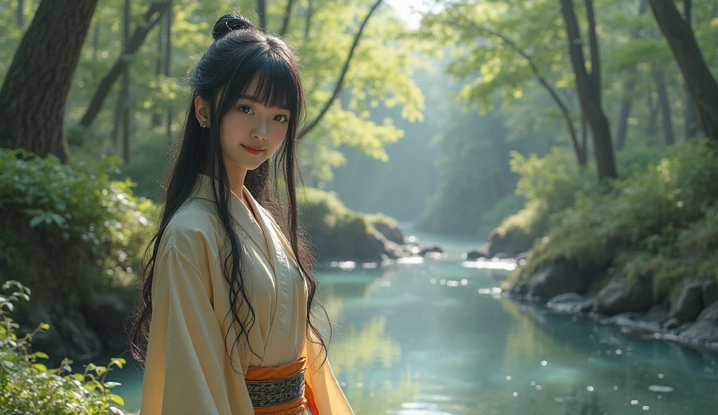 A REAL Oriental Japanese girl with 18 years old with lush beyond floor length black hair and see her "whole" thin body wearing thick lambswool traditional Wafuku standing nearby hot springs inside the forest, must see her whole body. The scenario of forest shows spring view. This graph MUST see girl's "whole thin body", including facial expression like smile, black eye, nose, hands, legs, wearing thick lambswool traditional Wafuku, chest, buttock, with beyond floor length black hair, legs and shoes and whole thin bodies. REAL girl must has "thin body, legs, foot, "LUSH BEYOND FLOOR length hair and face with humanity smile and body" with streamline. Show her front side with happy smile and lush beyond floor length black hair.