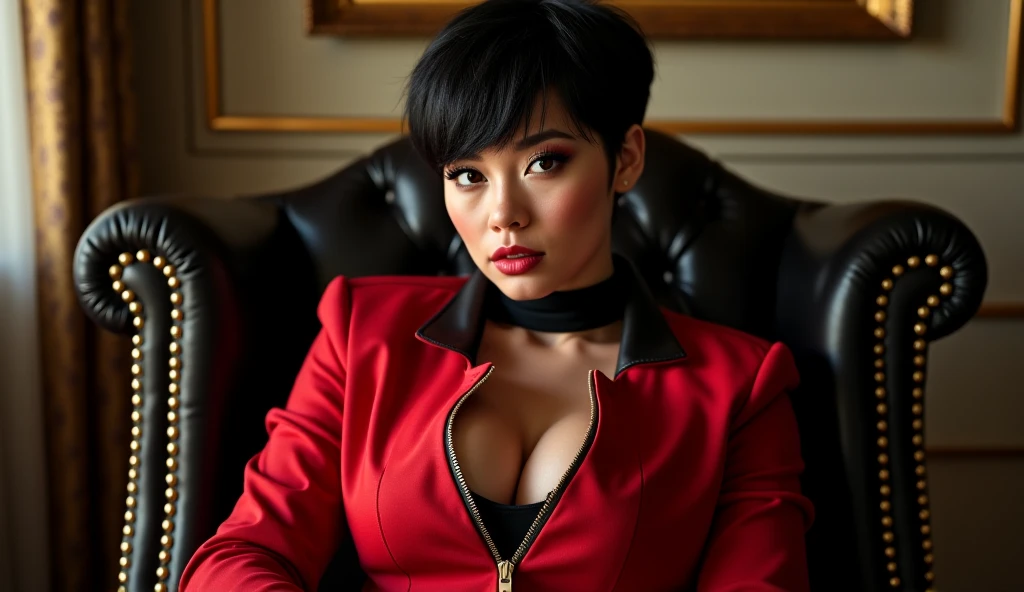 Richly lit cinematic photorealistic portrait, waist-up shot. A stunningly beautiful woman (mid-20s) with striking sharp features, intense, piercing honey-brown eyes, and a notably voluptuous, ample bustline, embodying Vice/Vanessa with confident allure.

Hair: Her chic, textured black short pixie cut frames her face, with some strands artfully falling towards her forehead/eyes.

Scene & Pose: She is seated confidently, leaning slightly forward on a luxurious, ornate dark leather armchair with prominent, decorative gold detailing visible on the armrest/frame beside her. She gazes directly and intensely at the viewer. Her expression is serious, captivating, powerful, and deeply alluring.

Outfit: She wears a vibrant **cherry-red, fitted jacket-style top** made of a smooth material. It features a **prominent front zipper**, which is **partially unzipped down to her sternum, revealing significant, well-defined cleavage**. The jacket has a **thick, stand-up black collar**, possibly faux leather, framing her neck and shoulders.

Lighting & Mood: Sophisticated, focused lighting models her face, collarbones, and cleavage beautifully, creating soft, flattering shadows. The light source seems to be slightly from above and the front. The background (likely the rest of the luxurious room/chair) is softly lit and blurred with a shallow depth of field. The mood is one of **opulence, confident power, contained intensity, and undeniable seduction.**

Quality: Ultra-detailed skin texture, sharp focus primarily on her face and eyes, luxurious feel, cinematic composition, 8K resolution.