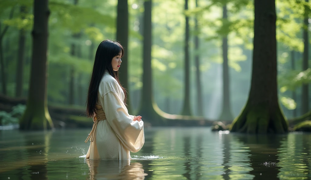A REAL Oriental Japanese girl with 18 years old with lush beyond floor length black hair and see her "whole" thin body wearing thick lambswool traditional Wafuku standing nearby hot springs inside the forest, must see her whole body. The scenario of forest shows spring view. This graph MUST see girl's "whole thin body", including  expression like smile, black eye, nose, hands, legs, wearing thick lambswool traditional Wafuku, chest, buttock, with beyond floor length black hair, legs and shoes and whole thin bodies. REAL girl must has "thin body, legs, foot, "LUSH BEYOND FLOOR length hair and face with humanity smile and body" with streamline. Show her front side with happy smile and lush beyond floor length black hair.