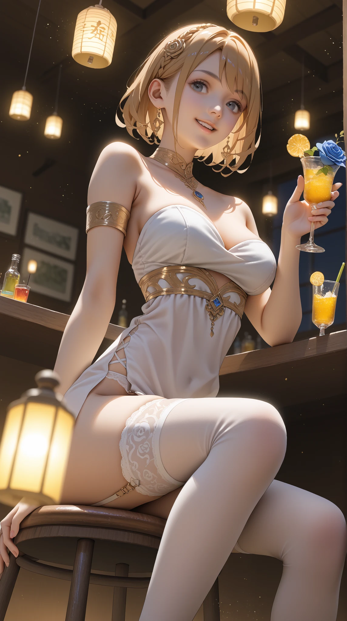 Masterpiece, Best Quality, 8K, Photographic Reality, Realistic, Octane Rendering (1 Woman:1.3), (White Dress Set with Yellow Gold Rimmed), (Golden Hair Shawl Scattered), Eyes Closed, (Sleeping on Black Sofa) (Upper Body Front Display) (Lots of wine bottles on the table: 1.2)
