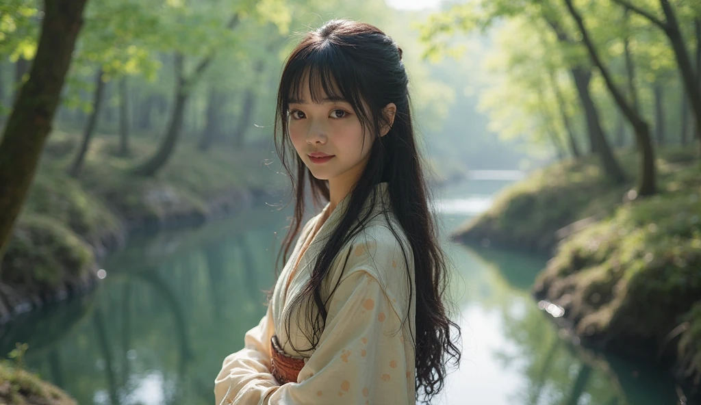 A REAL Oriental Japanese girl with 18 years old with lush beyond floor length black hair and see her "whole" thin body wearing thick lambswool traditional Wafuku standing nearby hot springs inside the forest, must see her whole body. The scenario of forest shows spring view. This graph MUST see girl's "whole thin body", including facial expression like smile, black eye, nose, hands, legs, wearing thick lambswool traditional Wafuku, chest, buttock, with beyond floor length black hair, legs and shoes and whole thin bodies. REAL girl must has "thin body, legs, foot, "LUSH BEYOND FLOOR length hair and face with humanity smile and body" with streamline. Show her front side with happy smile and lush beyond floor length black hair.