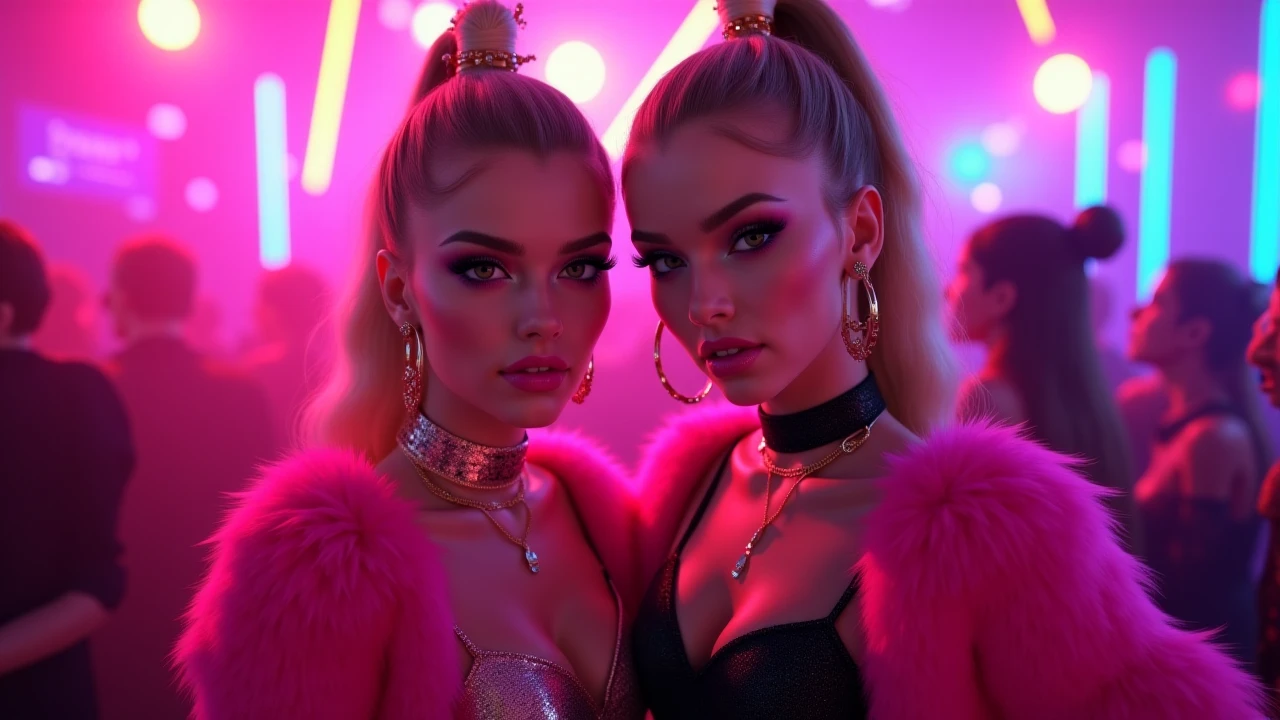 2 girls, ((one girl short blonde-pink hair)), ((second girl long brown hair)), voluptuous bodies, two girls, hoop earrings, jewelry, (sluty dress), piercings, rings, bracelets, smirking, slutty faces, sexy face, sexy pose, detailed, ((club background)), ((club)), masterpiece, highest quality,
