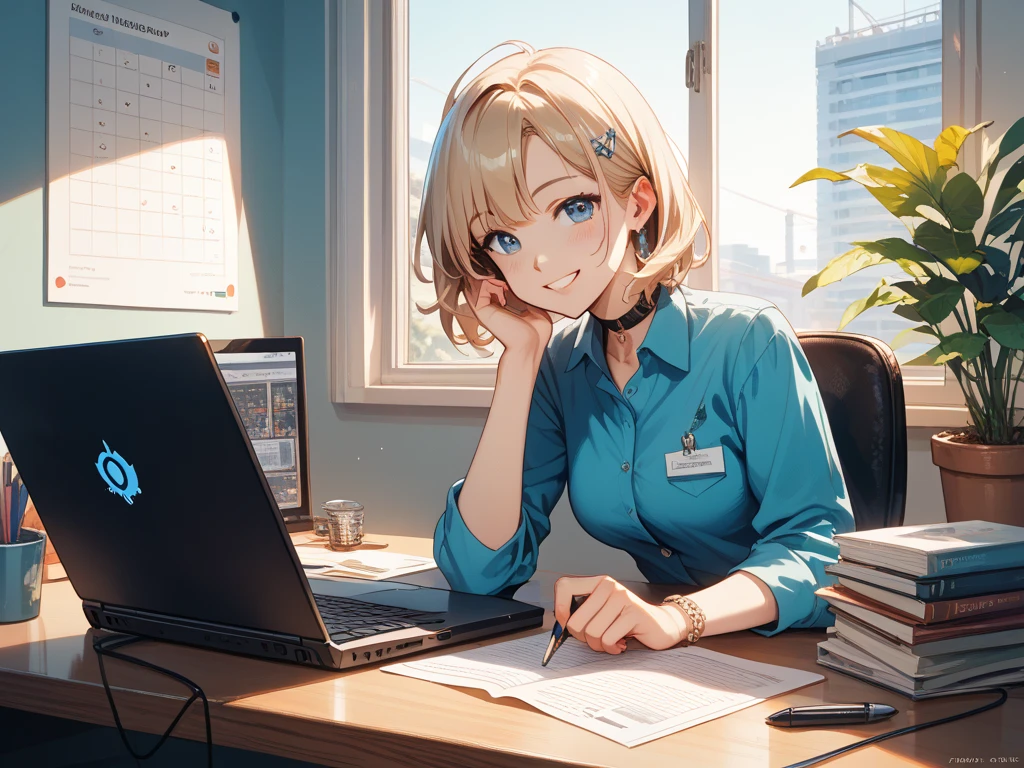 A cheerful and confident young woman, dressed in a casual yet stylish outfit, sitting at a desk with a laptop and financial charts on the screen. She has a warm smile and an enthusiastic expression, symbolizing a beginner investor. The background features a cozy and modern home office with soft lighting and a few potted plants. The atmosphere is inviting and motivational, encouraging people to start their investment journey. The art style is semi-realistic with vibrant colors and clean details.