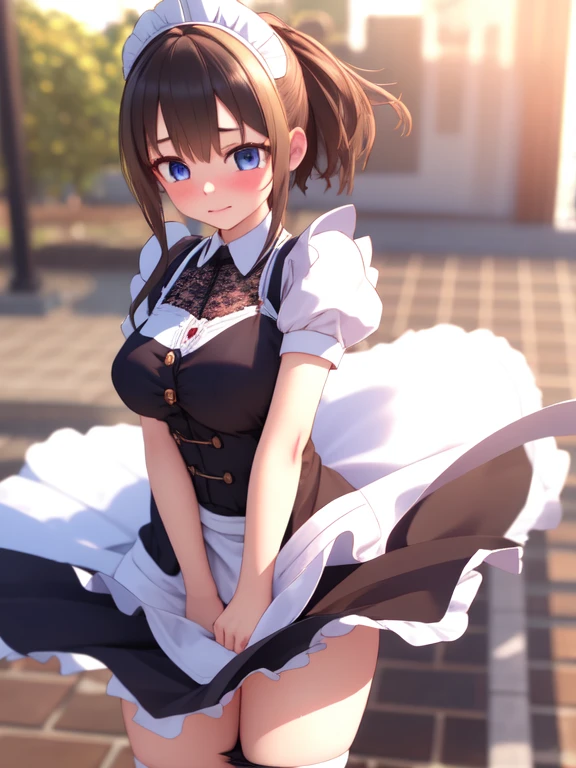 muste piece、masterpiece、highest quality、Super detailed、High resolution、8K portrait、High definition CG of Unity 8k wallpaper、cute type little:1.5、Lori:1.5、Highly detailed CG unity 8k wallpaper、Realistic、real person、 portrait photography、shiny skin、High definition、(:1.2)、(1 girl)、beautiful clear eyes、extremely detailed description、delicate face、nice lips、slender body、small breasts、thin waist、thin legs、(garden:1.6)、1 girl, cute type, perfect face, seriously, (blush:1.5),(brown hair bob hair:1.3),(small breasts:1.4),((1. Clothes Lift.3)),(I have nipples:1.2),(Maid clothes:1.3),(black dress:1.1),(looking at view),(from front),gran,((climax in vagina:1.5)),(own hugging feet)