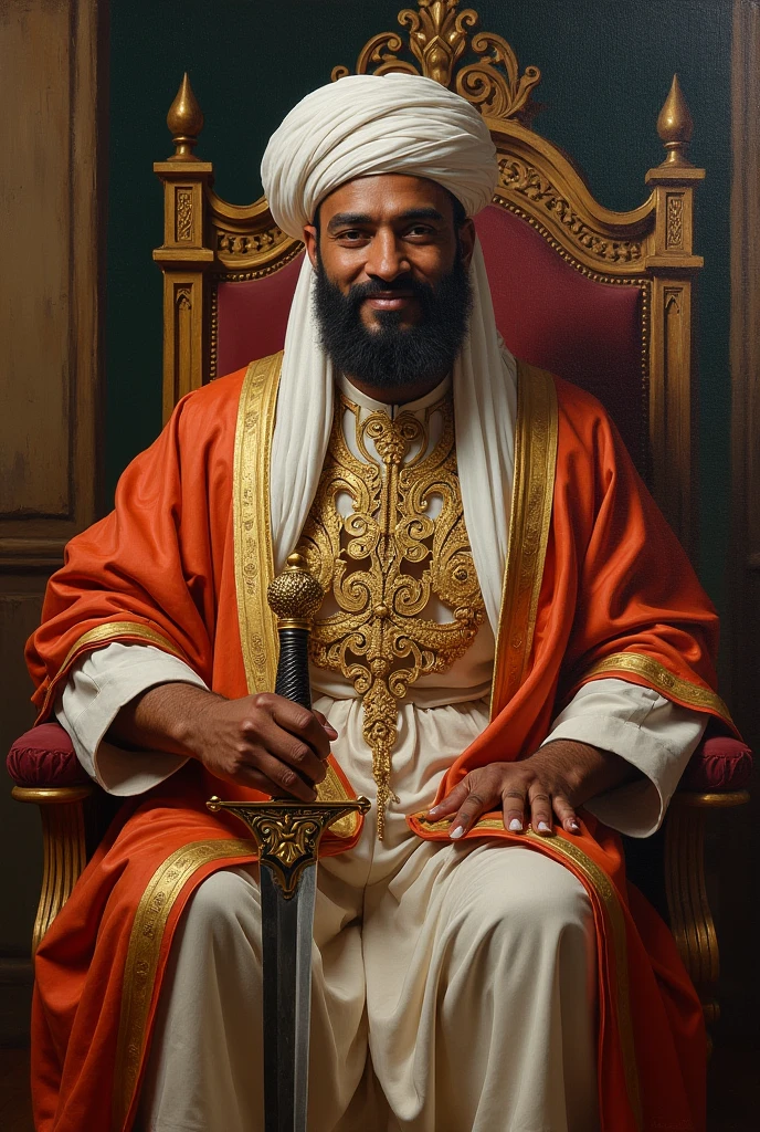 An oil painting of a Mauritanian sultan with a wheatish complexion and a thick beard, carrying an Arab sword He sits on a chair and smiles slightly. 