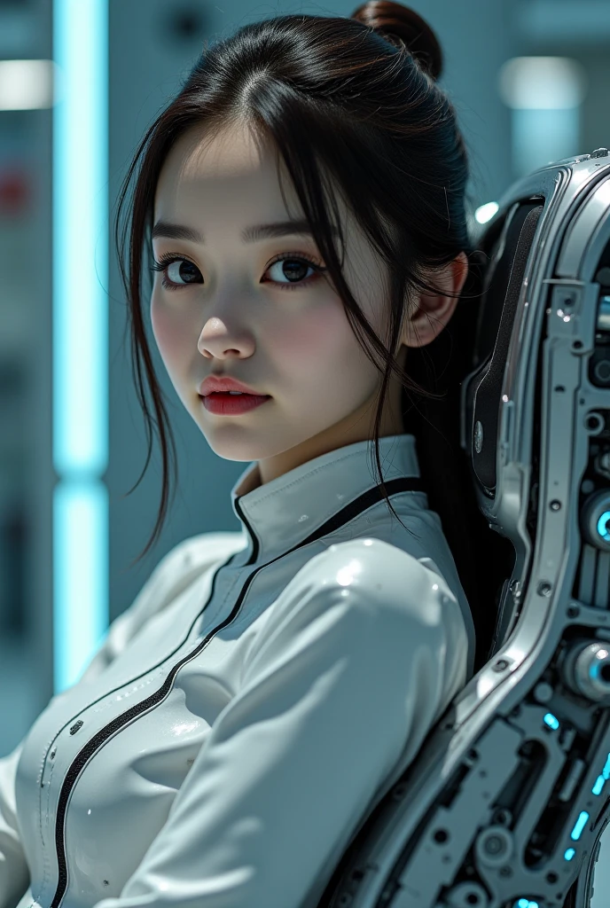 8k, top quality, (Photographically:1.5), (realistic, photo realistic:1.37), Japanese girl, (Seated Mechanical Charging Chair with Charging Cable), ((hyper realistic:1.5), (highly detailed:1.5), photographic, (cinematic:1.3), (dramatic lighting:1.3), intricate details, impeccable rendering, (beautiful young woman:1.2), (beautiful face:1.2), (piercing eyes:1.2), (delicate  features:1.2), (flawless skin:1.2), (elegant posture:1.2), (seated position:1.2), (mechanical chair:1.2), (charging cable:1.2), (futuristic technology:1.2), (advanced machinery:1.2), (intricate mechanism:1.2), (glowing lights:1.2), (dynamic composition:1.2))