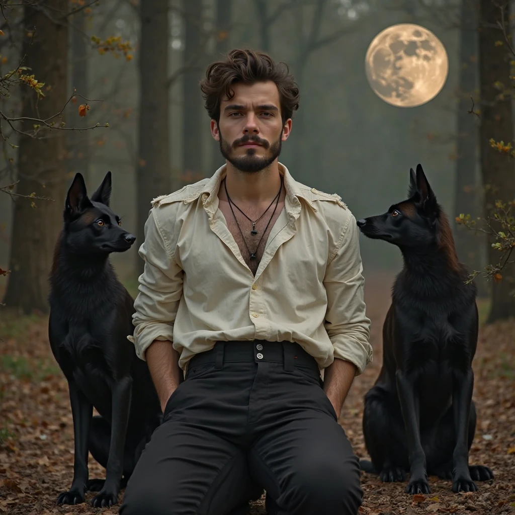 Une photographies réaliste d'un homme au cheveux court brun avec une petite barbe portant une chemise blanche avec un noeud papillon et avec des bretelles et un pantalon noire assis sur un trône noir  avec deux Loup noire de chaque côté  et en arrière-plan une lune sombre en forêt 