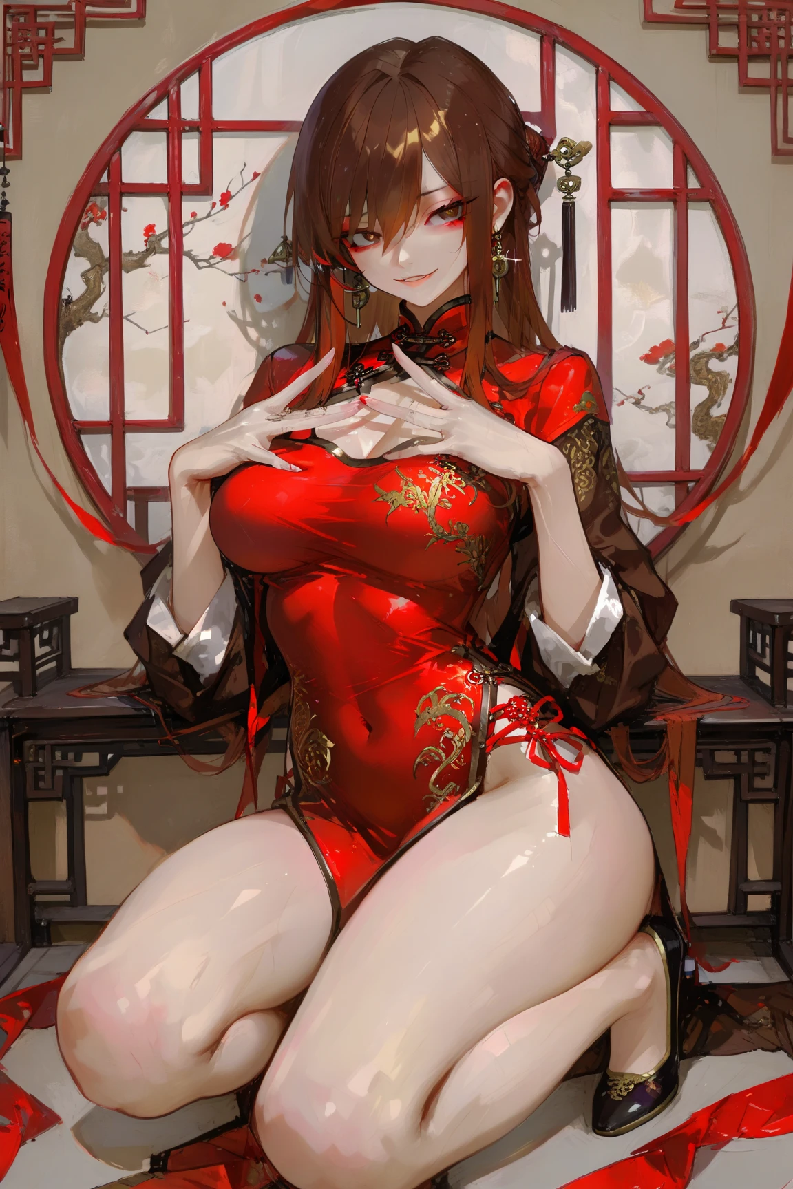 ((highest quality)) ((masterpiece)) (detailed) Perfect Face Pulling up hair ((Light red Chinese dress:1.7)) ((Open-chested Chinese dress:1.6)) smile No underwear Very cute face Huge breasts Japanese