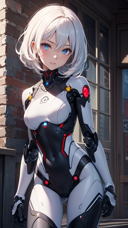 (1 girl), female huge robot, landscape, sci-fi, transistorpunk, cyberpunk, biopunk, (cool), (gray), visor, earring, mechanical body, future town, dynamic pose, dynamic angle, large breast, neon