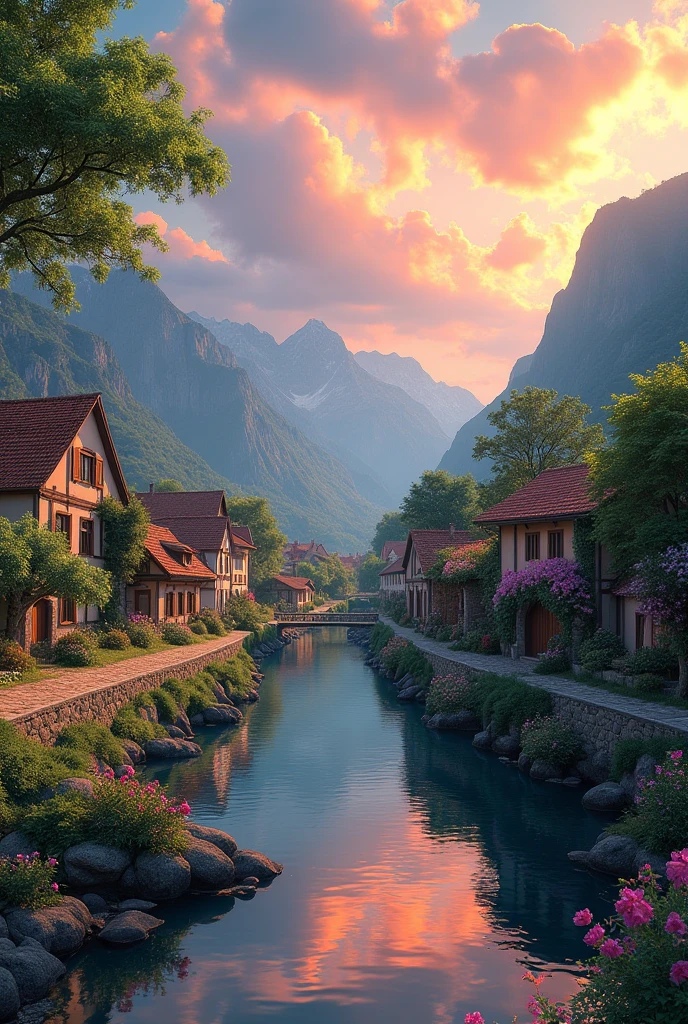 a small village by the river, mountains in the background, floral flowers colorful, detailed landscape, Beautiful natural landscapes, atmospheric lighting, scorching sunset, warm colours, practical, photopractical, Detailed Foliage, complex buildings, cobblestone street, Charming country house, swirly vibrant colors, lush vegetation, Still water reflections, Picturesque, idyllic, work of art, best qualityer, 8k, extremely detaild,anime styling