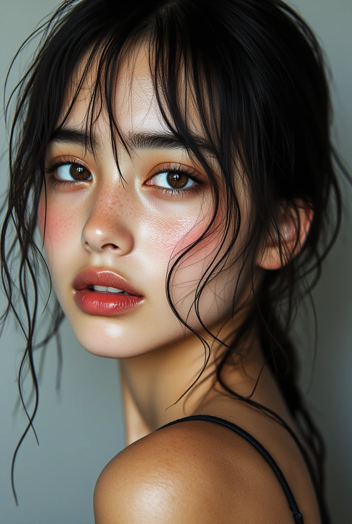 raw photo of beautiful female, looking at camera, centered portrait upper body, Indian beauty, slim perfect face, natural look, playmate, wavy hair, wet hair tied in a bun, supermodel, wet skin, moist skin, blushing cheek, very very small bust, closing eyes, feeling ecstasy, nude skin, in photo studio
