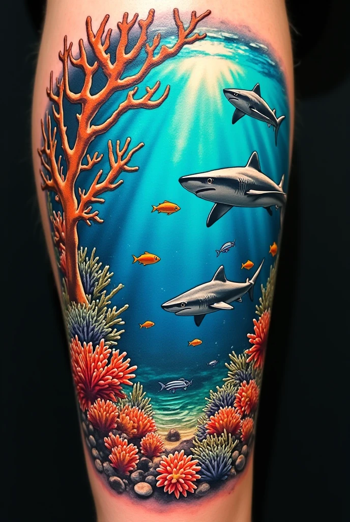 Arafed, a picture of a ((shark tattoo: 1.5)) on the back of a female elf, of glowing tattoo of a ((blue shark: 1.3)) the shark tattoo is vivid, intricate detailed coming to life rising from the ink to real life, , AlchemyPunkAI, shoot taken from the back, ((the back is visible: 1.3), she wears a transparent dress that the tattoos glow, phoenix dress