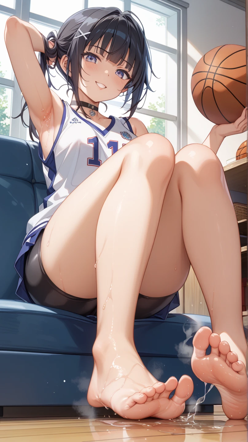 agers in gym clothes on the court, they are extremely sweaty and smelly, They're barefoot, your feet are raised forward and are dirty, they are extremely dirty