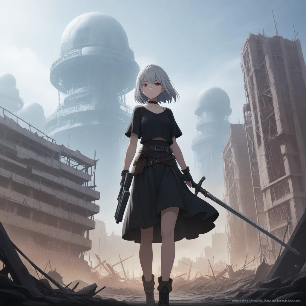 1girl, jewelry, bracelet, day, solo, cloud, horizon, long_hair, outdoors, looking_at_viewer, the best quality, masterpiece, castle wall, armored, short hair, white hair, sword on hip <lora:Riven:1>
