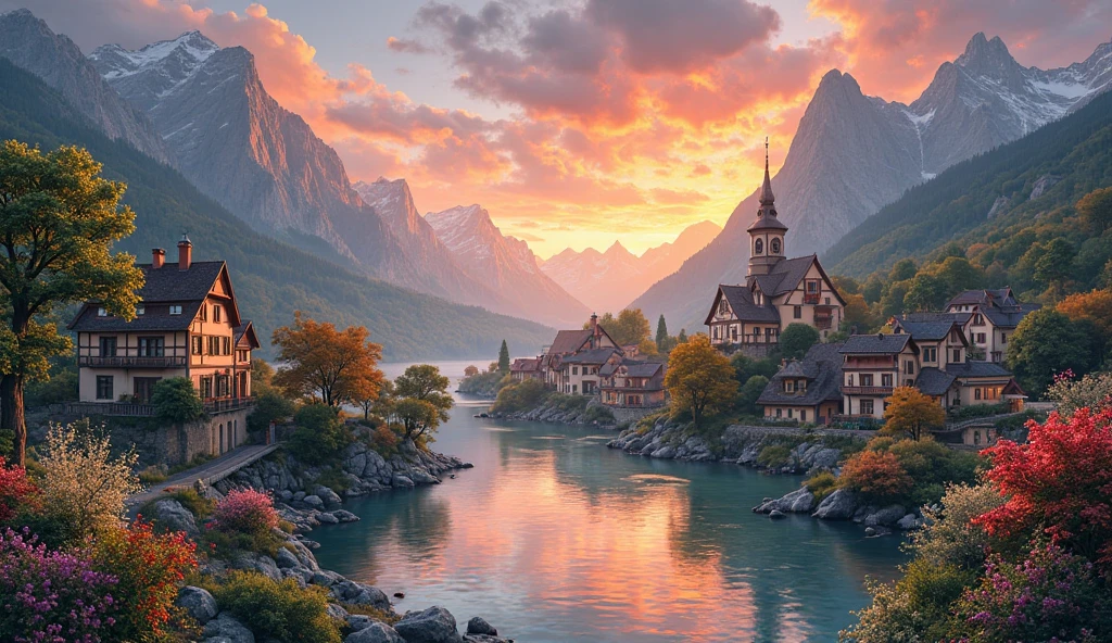 a small village by the river, mountains in the background, floral flowers colorful, detailed landscape, Beautiful natural landscapes, atmospheric lighting, scorching sunset, warm colours, practical, photopractical, Detailed Foliage, complex buildings, cobblestone street, Charming country house, swirly vibrant colors, lush vegetation, Still water reflections, Picturesque, idyllic, work of art, best qualityer, 8k, extremely detaild,anime styling
