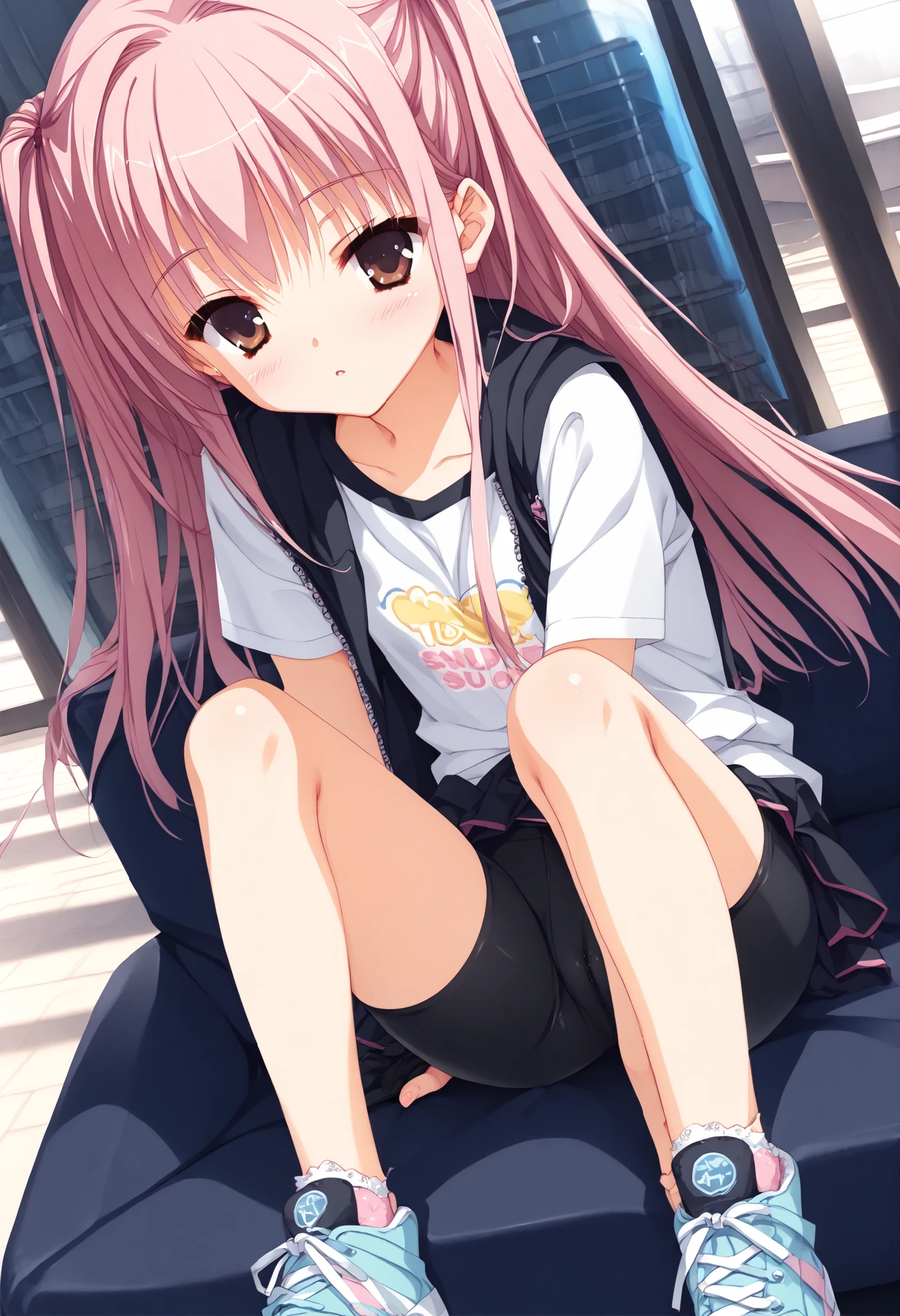 game cg, cg collection, score_9, score_8_superior, score_7_superior, masterpiece, best quality, absurdres, high_fidelity, vibrant, sauce_anime, (rating_explicit:1.4), super detailed, Adorable, 1girl, Yuzu Soft, sitting, pink hair, brown eyes, shirt ,bike shorts, black bike shorts, shoes, looking at viewer,