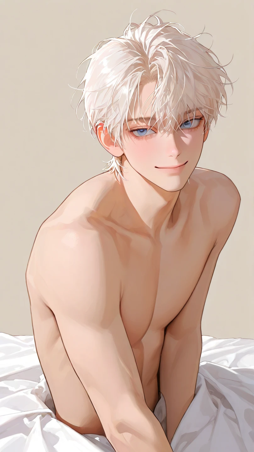 naughty man, youthful appearance, NSFW, White hair, Eyes red, royaltly, tenet, Underwear, castle, posing on bed, blanket, defined body, elegant and malicious