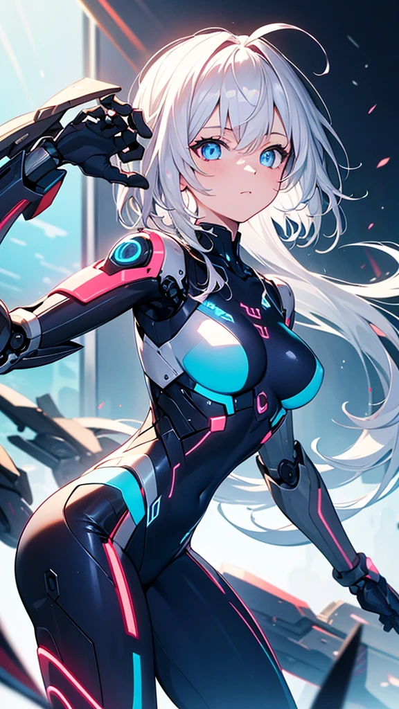 Teenage girl, Linda, wearing combat suit (fully body) provocative bodysuit), breastsout, defined body, anatomical correct, long hair, high-tech, in a spaceship corridor, best qualityer, 3d, anime styling