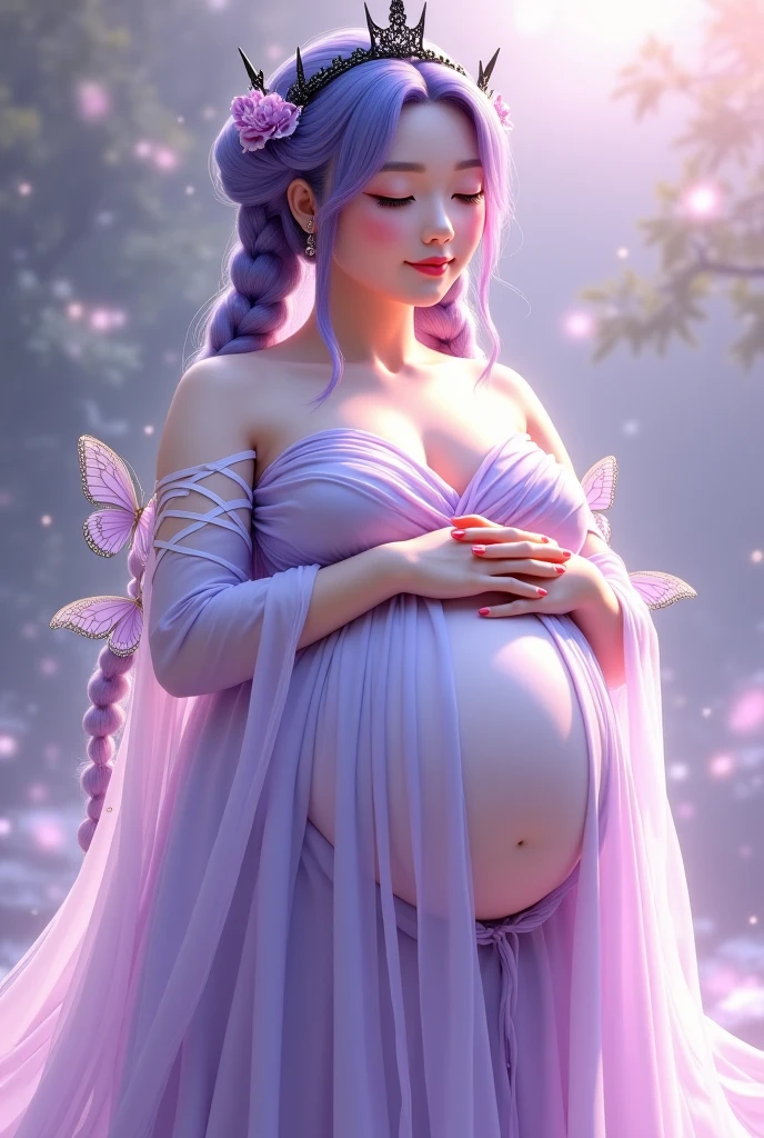 Irish woman, anime, modest, beautiful, high quality, night, 8k, long waist length light pale purple hair, green eyes, red lips, eyelashes, long victorian white dress, boots, elf ears, large butterfly fairy wings, 3 months pregnant