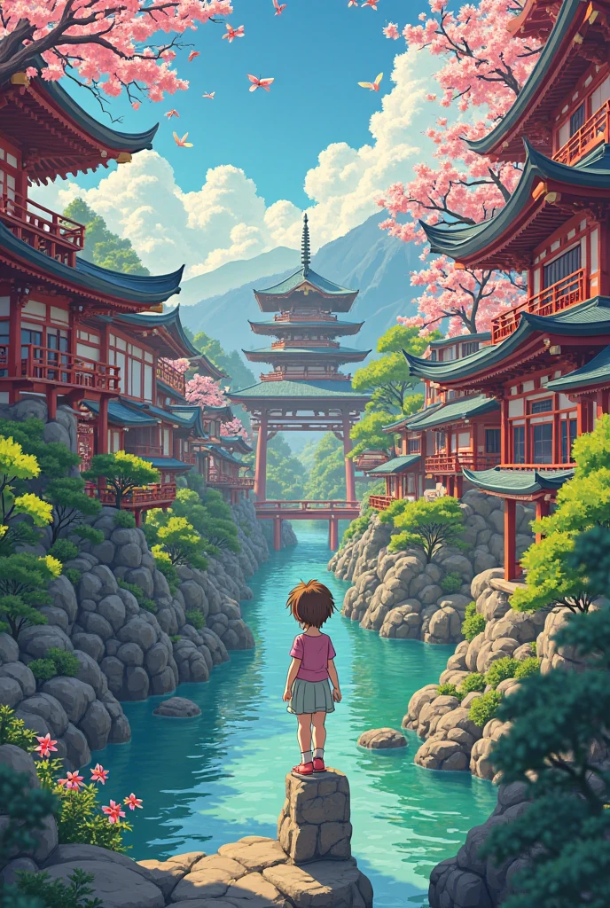 Create an illustration that contains two or three vanishing points and that has to do with Japan and if it is possible to add an anime character
