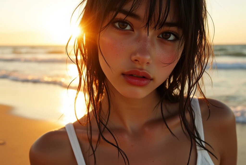 portrait, off, a, mignon, naked european woman on the golden sand of a beach , Already, (backlight), realistic, head of'artwork, la plus haute qualité, glint, shade, floraison, by anime, pas off peinture , photo reel ,