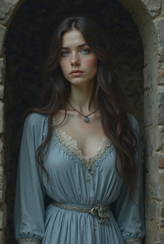 A woman with grey eyes and dull long dark brown hair, dressed in a pale blue medieval dress
