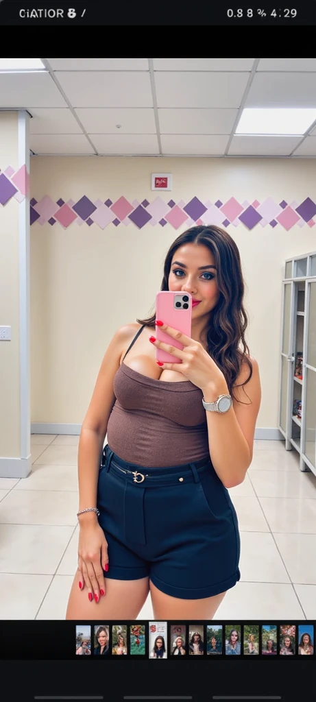20 years old cute indian girl , mesomorph body , 25% fat body , long hair , short black dress , sexy and hot , big boobs , deep cleavage , taking mirror selfie , sexy navel