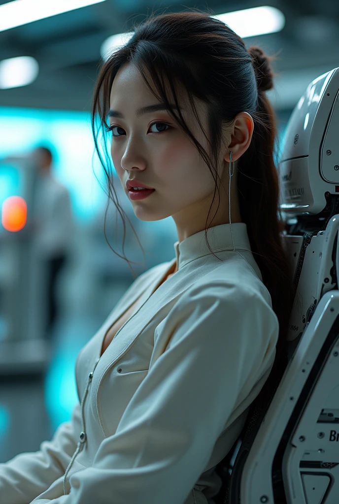 8k, top quality, (Photographically:1.5), (realistic, photo realistic:1.37), Japanese girl, (Seated Mechanical Charging Chair with Charging Cable), ((hyper realistic:1.5), (highly detailed:1.5), photographic, (cinematic:1.3), (dramatic lighting:1.3), intricate details, impeccable rendering, (beautiful young woman:1.2), (beautiful face:1.2), (piercing eyes:1.2), (delicate facial features:1.2), (flawless skin:1.2), (elegant posture:1.2), (seated position:1.2), (mechanical chair:1.2), (charging cable:1.2), (futuristic technology:1.2), (advanced machinery:1.2), (intricate mechanism:1.2), (glowing lights:1.2), (dynamic composition:1.2))