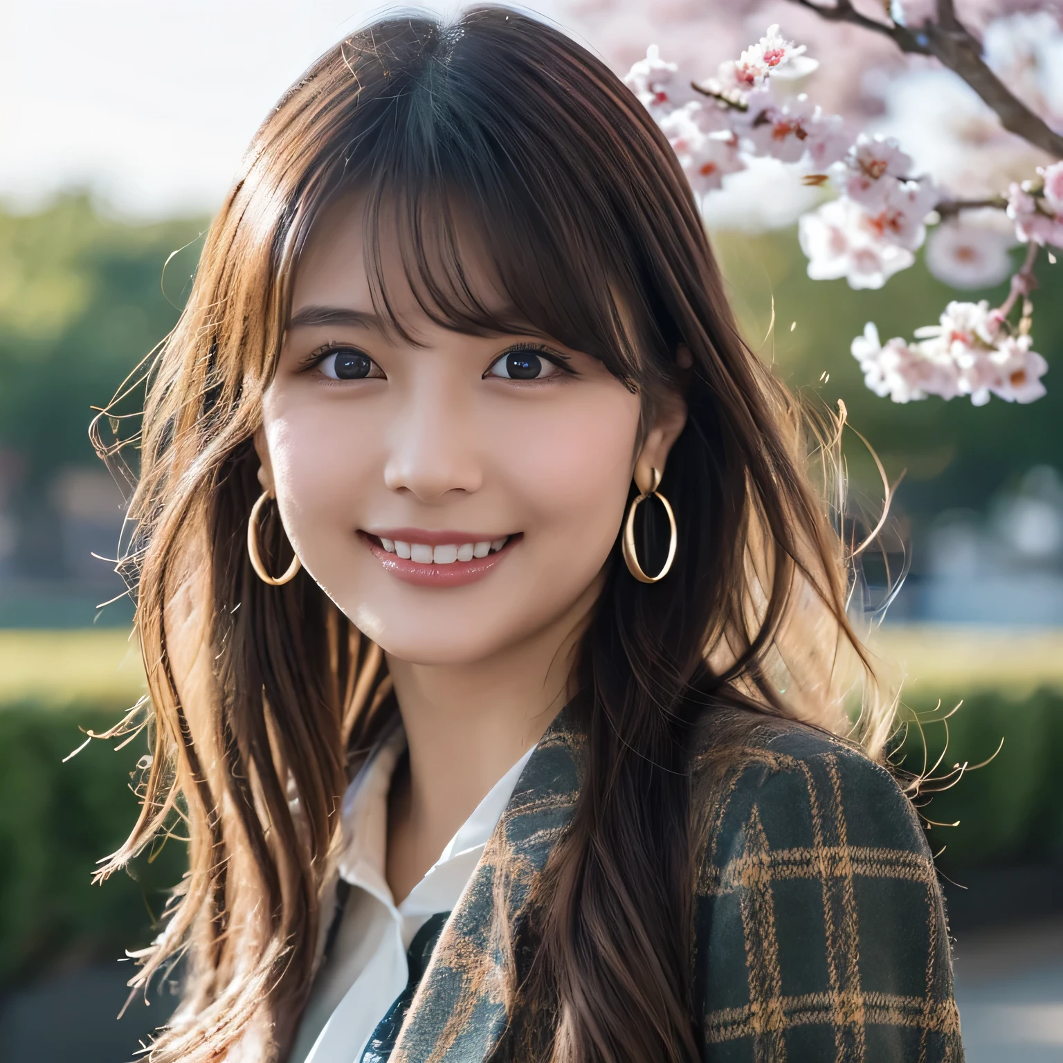 A girl standing in front of a sakura tree with long hair with ribbon and brown eyes, yellow dress, beautiful (detailed eyes, detailed face,) high heels, no watermark