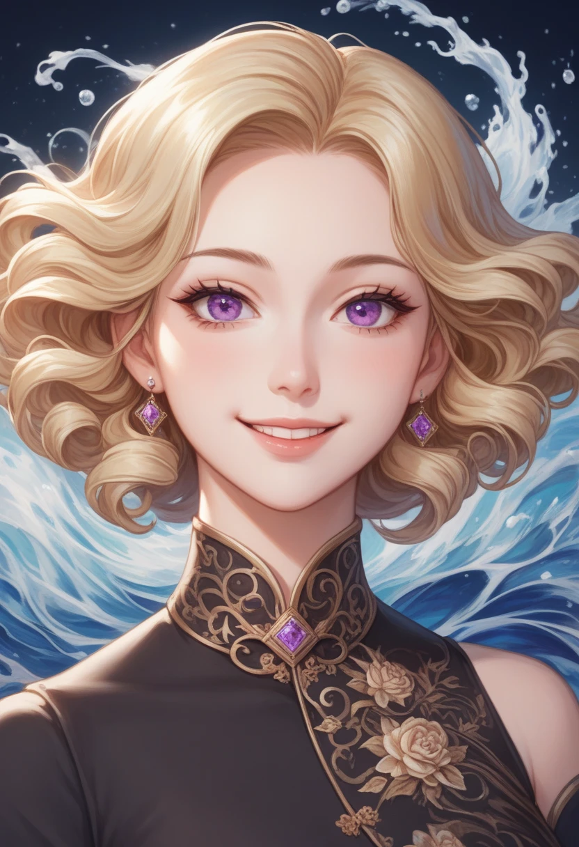 soft, silky blonde hair, adorned with subtle layers and a gentle wave, on an anime-styled female character with delicate facial features, bright, expressive purple eyes, and a warm, white skin tone, adding a touch of elegance to the character's overall appearance, with the overall aesthetic blending Japanese-inspired kawaii elements with a touch of sophistication and glamour, A striking blonde woman with vibrant purple eyes, adorned in a flowing black dress featuring intricate, swirling patterns that evoke a sense of mystery and elegance, stands against a muted, melancholic background that hints at a sorrowful atmosphere, despite her faint, wistful smile that suggests a deep sense of longing and nostalgia, as if she is bidding a poignant farewell, her skin radiating a soft, porcelain-like complexion, her facial features delicate and refined, with high cheekbones and a subtle, upturned nose, her hair cascading down her back in luscious, golden waves, in an anime-inspired illustration that masterfully blends subtle shading and delicate linework to evoke a haunting, bittersweet mood.