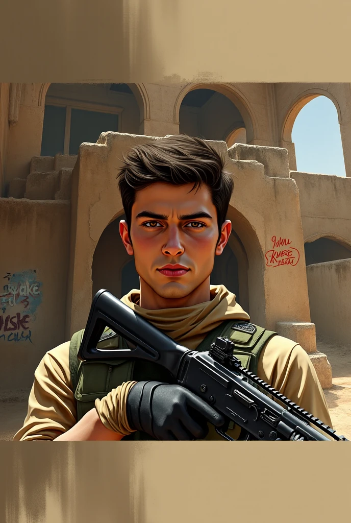 A full-body digital painting of a young man in his mid-20s standing in a Middle Eastern urban combat zone inspired by Counter-Strike 2. His face is clearly visible, with light skin, short dark hair, calm focused expression, and realistic  details. He is holding an AK-47 confidently in both hands, pointing slightly downward. He wears a tan tactical sweater with rolled-up sleeves, a black bulletproof vest with pouches, olive green cargo pants with knee pads, and black combat boots. Fingerless gloves on both hands. A tactical belt with gear and spare magazines is visible. He stands in a dramatic pose with one foot slightly forward, surrounded by ancient stone walls, archways, and faded graffiti. Bright sunlight casts warm shadows on the dusty ground. The environment has realistic depth, detail, and a gritty, immersive feel typical of CS2 maps.