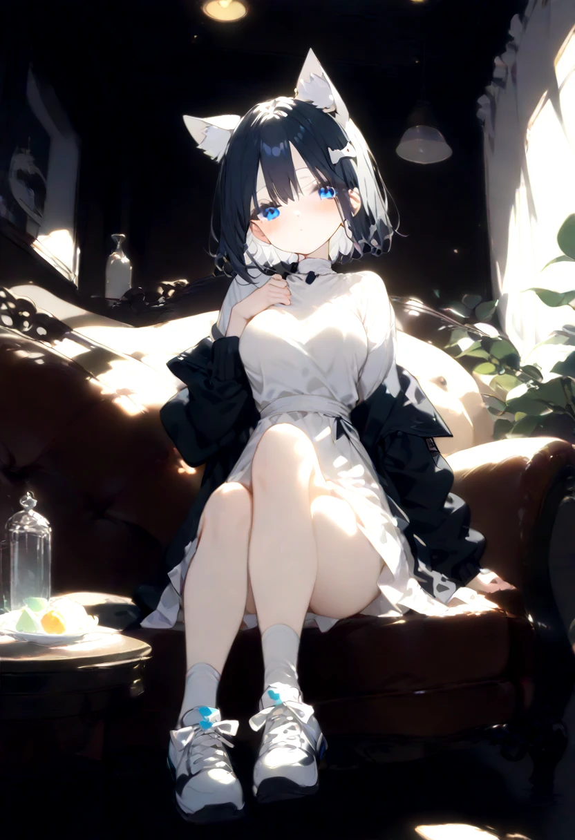 ,(64k, RAW photo, best quality, masterpiece),(waterpaint,illustration.paint),(detailed eyes and cute face) , girl (Medium cute fluffy white hair) , Cute big eyes , mistress , cute wife , thighs , cute Medium bust , Smooth abdomen , maid attire, black pantyhose, student shoes
