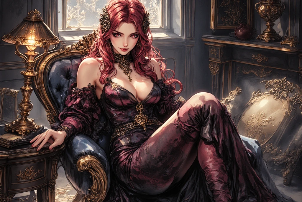 A beautiful and seductive young noblewoman with long flowing red hair, sitting gracefully on a dark Victorian chaise longue. She is wearing a black off-shoulder velvet gown that accentuates her elegant figure. Her posture is relaxed but confident, legs crossed, one arm resting on the back of the sofa. Her crimson eyes gaze directly forward with a mysterious, knowing smile. The lighting is soft and moody, with gothic shadows in the background, hinting at an opulent and arcane interior. Her presence is both mesmerizing and unsettling. Semi-realistic style, high detail, fantasy gothic atmosphere, soft skin, rich textures, dramatic contrast. Tarot-style border framing the image, no text.