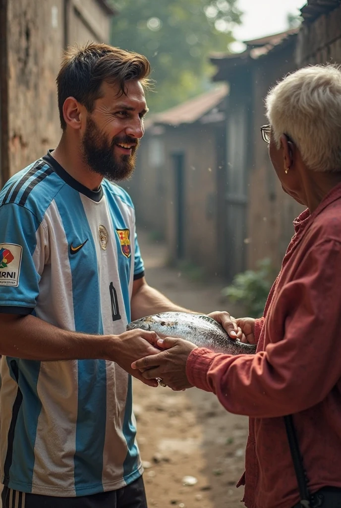 Messi with the golden football cup hugging a poor man with torn clothes