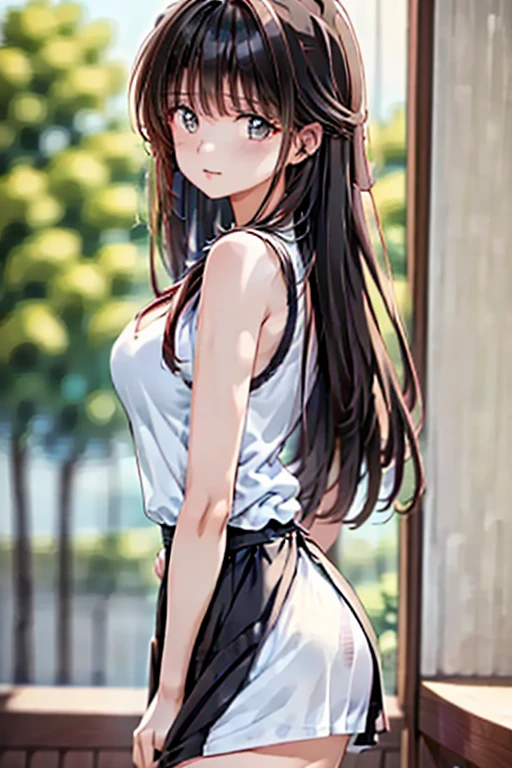 Highest quality,masterpiece,8K,1girl,((big breasts,,little girl:1.3)),((orgasm,blush:1.3)),angry, sweat,mini skirt,lift skirt,upskirt,mizuki yukikaze,hair ribbon, white tank top, black skirt, mini skirt, black thighhighs,pink panties,striped panties,((walking1.3)),forest,forest林,from behind