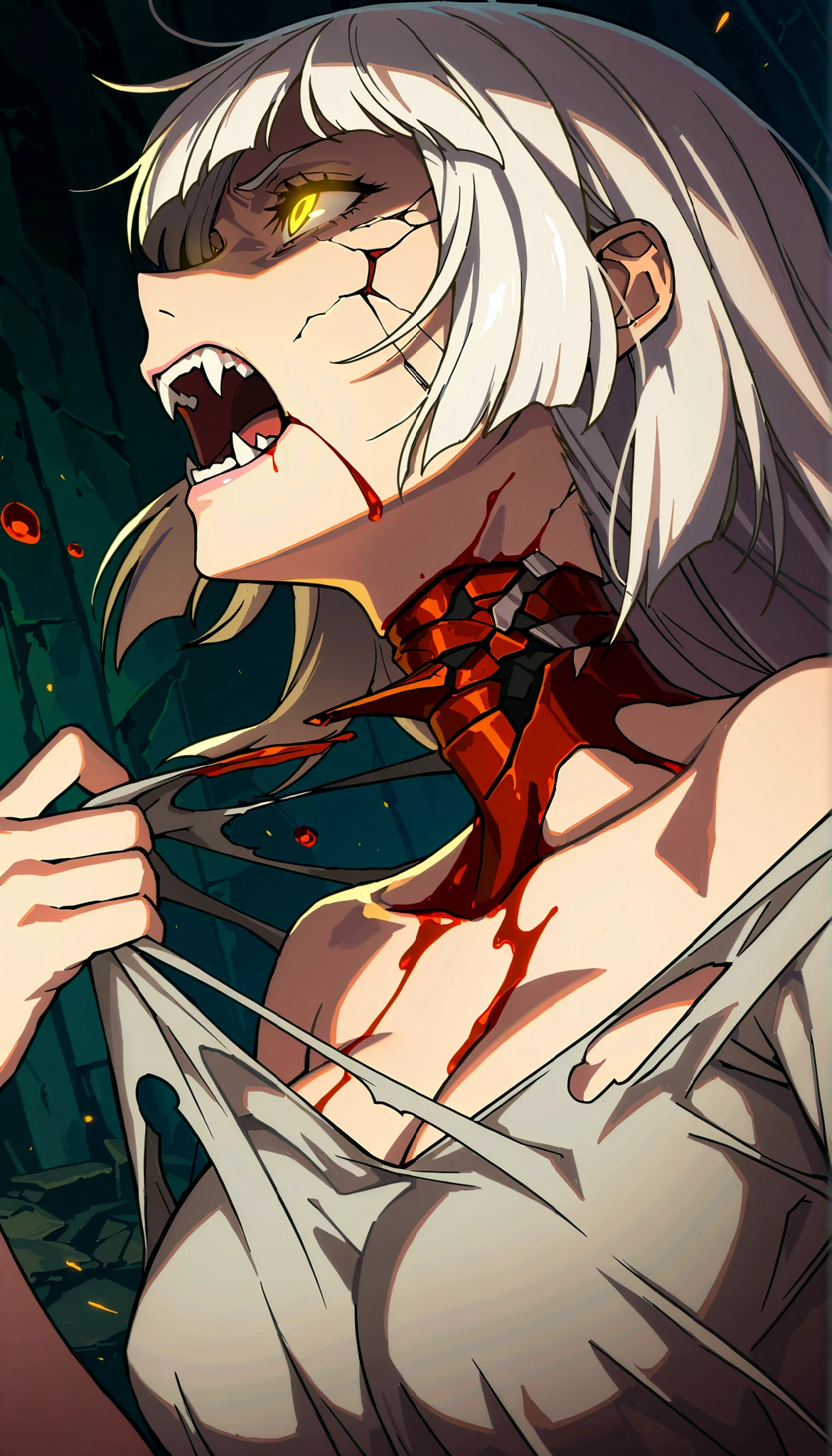 (upper-body, half body), (close-up: 1.4), ((ultra detailed, cinematic, hyper detailed, hyper resolution, official art, 40k wallpaper, mind-blowing art)), 1woman, solo, undead woman, beautiful, seductive, terror, flesh, (beautiful, medium breasts), parted breasts, destruction, discarded skin, cracked skin, (((bordo dress)), seductive body, blood, 1view, side view, broken dress, torn clothes, dilapidated dress, white hair, square hair, tear dress, hand tear own clothes, open mouth, sharp fangs, furious scream, glowing eyes, yellow eyes, slit throat, blood from a split throat,