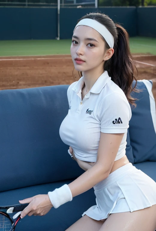 (8K, highest quality, masterpiece: 1.2), (realistic, realistic: 1.37), Super detailed, 1 girl, 18-year-old,、股を広げてWhite undercoatを見せている、 big, beauty, cute, smile, alone, tennis wear, mini skirt, White undercoat、beautiful thighs、Beautiful camel toe、Tennis court, racket, tennis ball, (nose redness), (smile: 1.15), (opened mouth), beautiful eyes, (long hair: 1.2), floating hair nova frog style, Upper body