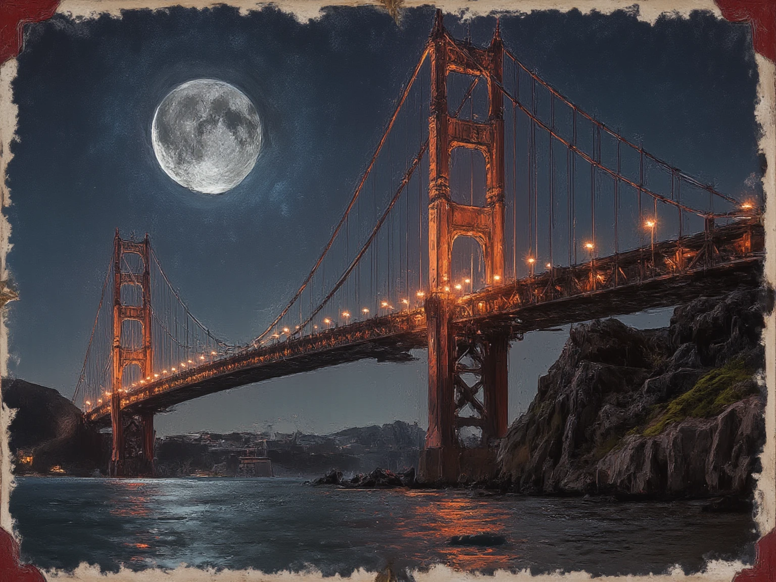 collage art, vintage, orange golden gate bridge, at night