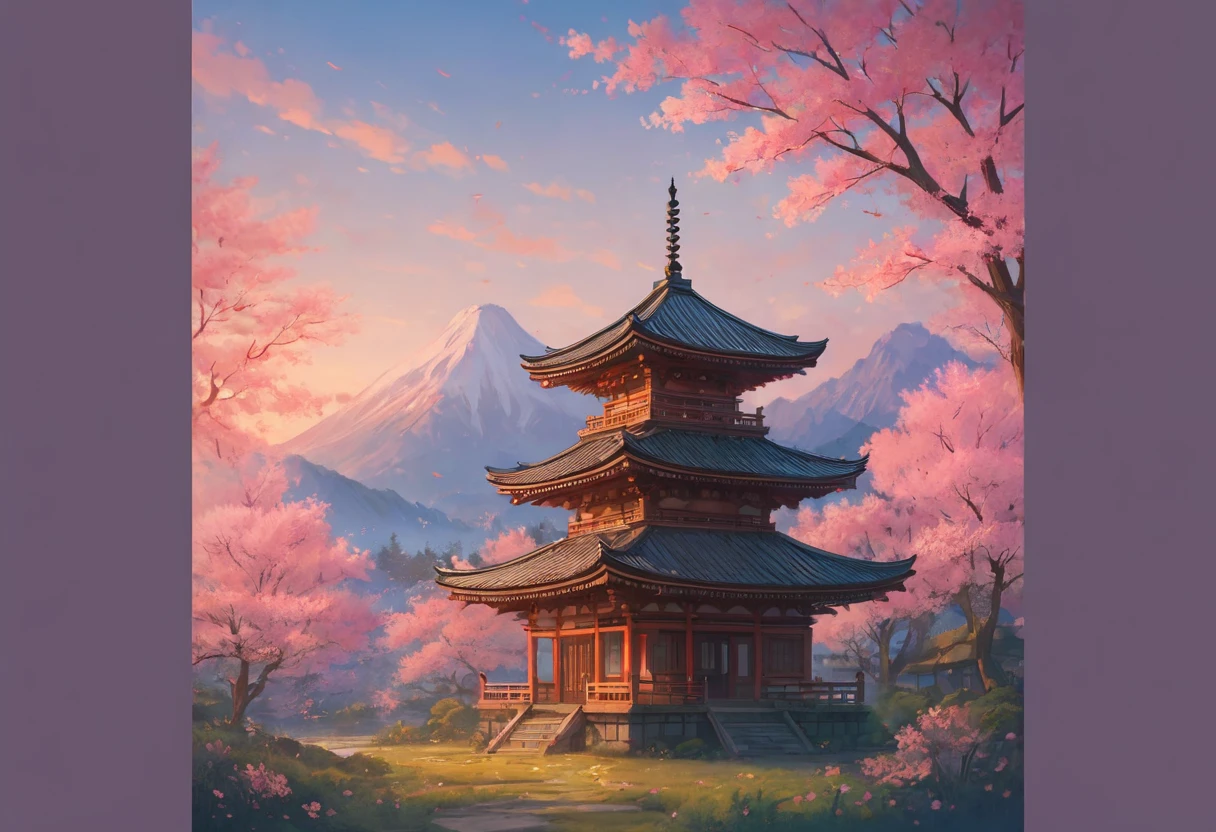  Matte painting inspired by the paintings of, Japanese garden with a pond and pagoda, Japanese painting style,  just a joke , Anime Background Art,  Ryan Deere , Traditional Japanese Concept Art,  Zen Temple Background , Japanese temple, ArtStation、Trending on pixiv, Feudal Japanese Art,  background depicting a temple , Aenami Arena's Style