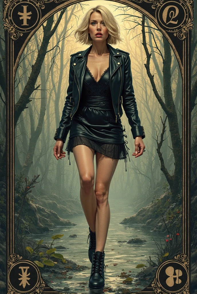 masterpiece, better quality, Tarot, 19th century aesthetics  , Tarot card wording "drowning", Symbolism,  ikonografiya , Numerology,  Art ,  Short black satin dress , biker jacket,  High-heeled shoes ,  passionate vulnerable 50-year-old woman, stuck in a swamp, wrinkles,sexual tension, posing,  line graphics aesthetics , elegant poster pose,  bob-caré blonde hair , Close-up