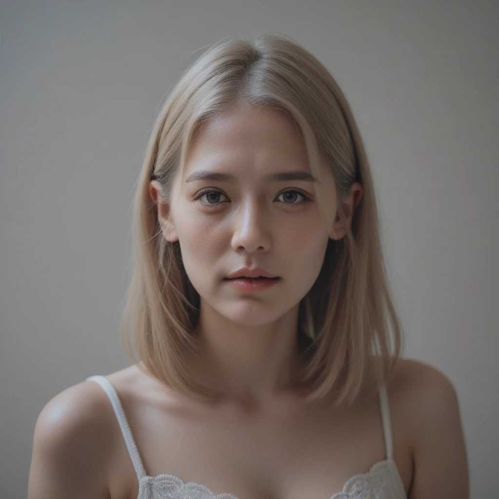 a nun with short blonde hair, sephi-girl, dark circles under bemused eyes, sexy in church, reading the bible, full shot photograph,