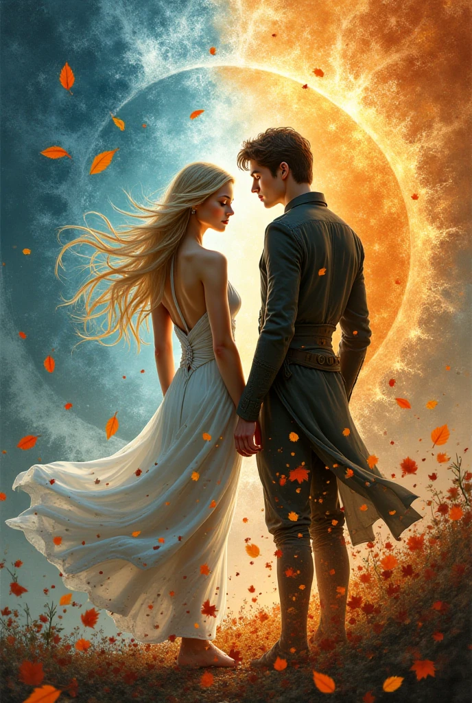  In their turn are the 4 elements : l'eau, le vent, Fire and leaves. A young woman with long blonde hair dressed sexy next to her a handsome man from Anonymous dressed in black.